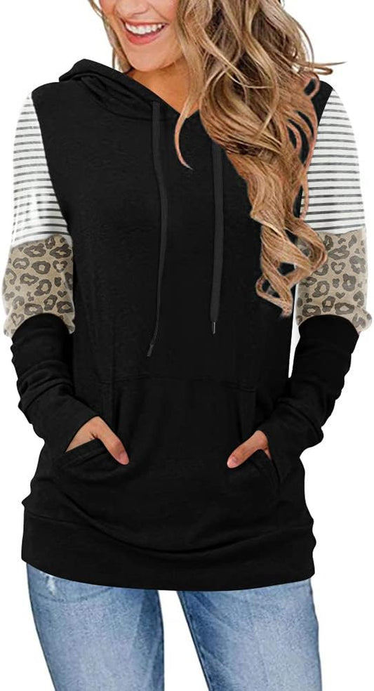 Women'S Casual Drawstring Pullover Tunic Top Long Sleeve Color Block Hoodie Sweatshirts with Pocket, M, Leopard Sleeve - Black