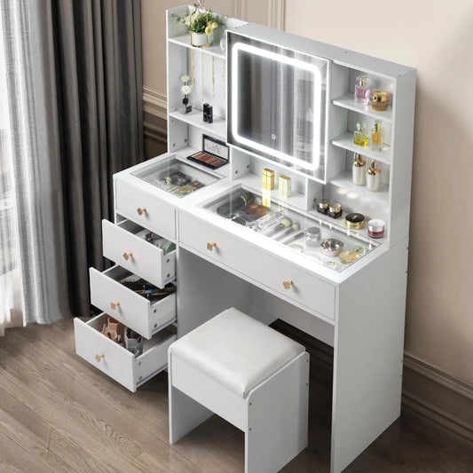 Large 47.2" Makeup Vanity with 3 Color Lights, Vanity Desk with USB Charging Station, Vanity Makeup Table with Visible Drawers, Hidden and Open Storage Shelves, White