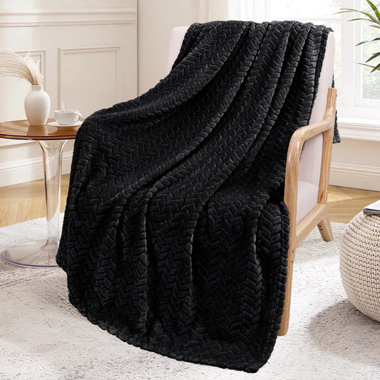 Large Flannel Fleece Throw Blanket, Jacquard Weave Leaves Pattern (50" X 70", Black)